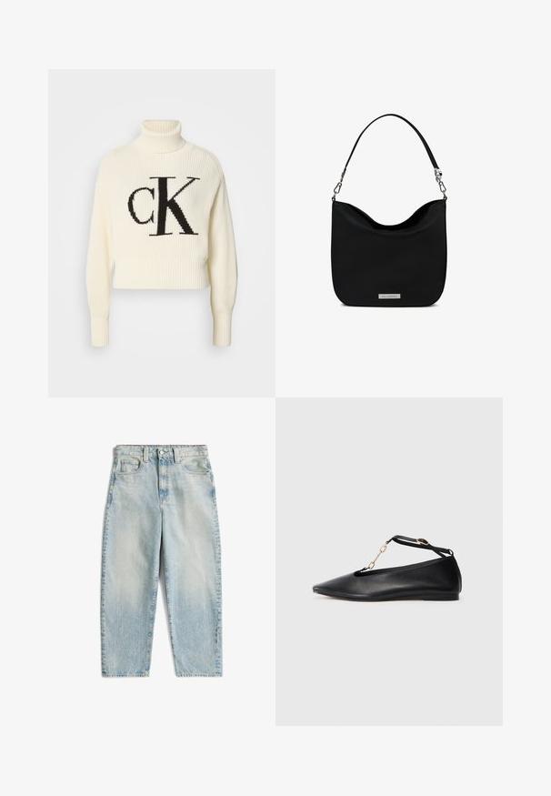 Cremefarvet ribstrikket turtleneck sweater med en cropped kant, der har et stort sort "CK" logo på forsiden. Blødt strikmateriale, lange ærmer.; Lysblå denim jeans med høj talje, lige ben design, falmet tekstur og fem lommer, med en frontknap og lynlås lukning.; Sorte læder balletflade sko med spids tå, udsnit design, ankelrem og guldkæde accent. Glat tekstur, minimal hæl.; Sort skuldertaske med buet topkant, justerbar rem med metalspænder og lille rektangulært metalmærke med mærket i nederste midte.