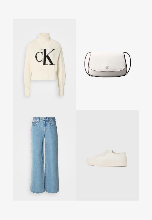 Pull à col roulé côtelé crème avec un ourlet court, arborant un grand logo "CK" noir sur le devant. Matière en tricot douce, manches longues.; Jean large bleu clair en denim, avec une taille haute, un design à cinq poches et un léger dégradé sur le tissu.; Baskets en toile écrue, avec un design basse, bout rond et semelle en caoutchouc plate avec des détails de couture subtils.; Sac bandoulière blanc avec fermeture à rabat, petit logo "cK" argenté centré, et fine sangle réglable marron foncé.