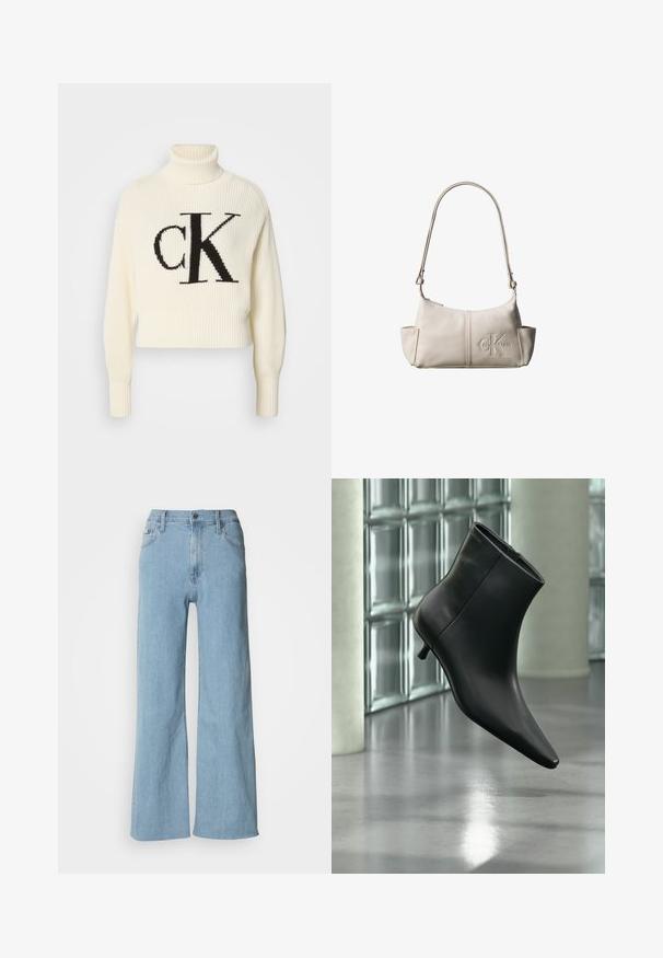 Pull à col roulé côtelé crème avec un ourlet court, arborant un grand logo "CK" noir sur le devant. Matière en tricot douce, manches longues.; Jeans en denim bleu clair à jambes larges, avec une taille cintrée, un design à cinq poches et des détails de couture subtils.; Bottine en cuir noir à bout pointu et petit talon kitten, présentée en angle devant un sol poli et un mur en blocs de verre.; Petit sac à bandoulière en cuir beige avec une sangle ajustable et un logo Calvin Klein embossé au centre avant.