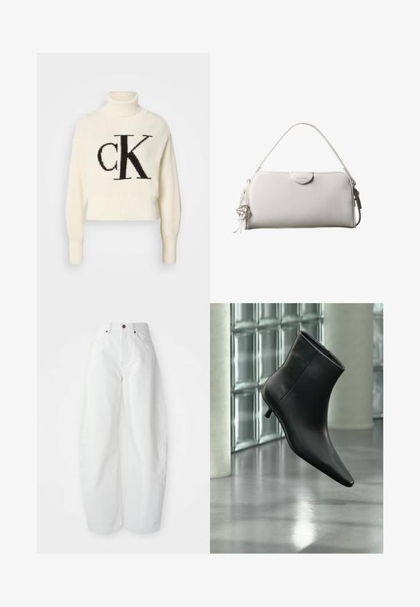 Cremefarvet ribstrikket turtleneck sweater med en cropped kant, der har et stort sort "CK" logo på forsiden. Blødt strikmateriale, lange ærmer.; Højtaljede hvide denimbukser med løs pasform. Har en knaplukning, sidelommer og et minimalistisk design. Glat tekstur.; Sort læderankelstøvle med spids tå og lav kitten-hæ, vist vinklet mod en poleret gulv- og glasblokvæg.; Hvid rektangulær Calvin Klein håndtaske med enkelt håndtag, minimalistisk design og dekorative kvaster med geometrisk metalvedhæng på siden.