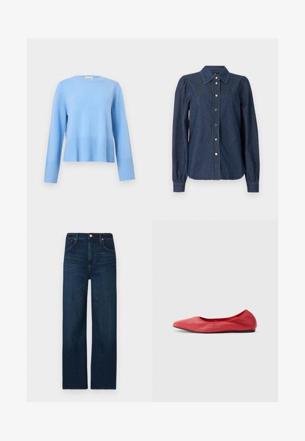 Pull bleu clair à col rond, manches longues avec poignets et ourlet côtelés sur un fond gris uni.; Chemise en denim bleu foncé à manches longues, avec fermeture boutonnée sur le devant, col pointu et épaules légèrement bouffantes.; Jeans en denim bleu foncé avec une coupe droite, fermeture par bouton et zip, détails de coutures discrètes et style cinq poches.; Filippa K REY FLATS - Ballerines - bright red