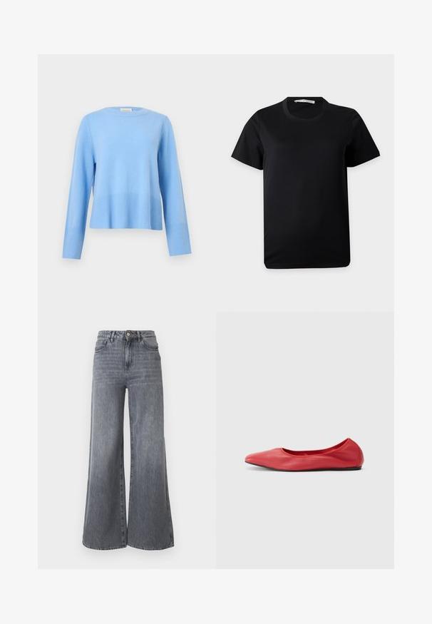 Pull bleu clair à col rond, manches longues avec poignets et ourlet côtelés sur un fond gris uni.; T-shirt noir uni à manches courtes et col rond, posé à plat sur un fond blanc avec une étiquette de marque visible à l'intérieur du col.; Jean à jambes larges en denim gris délavé. Comprend cinq poches, une fermeture avant par bouton, et une taille haute avec une finition texturée subtile.; Filippa K REY FLATS - Ballerines - bright red