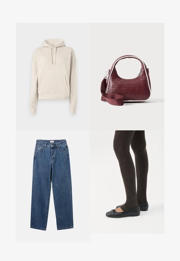 Beige hoodie lavet af blødt materiale, med en frontlomme, justerbar snøre i hætten samt ribbede manchetter og kant.; Klassiske blå denimbukser med lige ben, fem lommer og knaplukning. Har en medium vask og en robust tekstur.; Ben iført mørke ribbede leggings kombineret med sorte balletsko med små sløjfedetaljer på hvid baggrund.; Mørkerød vævet lædertaske med buet hank, hvid kant, sølv lynlås og aftagelig bred stofskulderrem mod en ensfarvet baggrund.