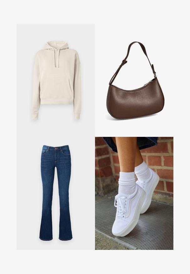 Beige hoodie lavet af blødt materiale, med en frontlomme, justerbar snøre i hætten samt ribbede manchetter og kant.; Bredde denim jeans i blå farve med mid-rise talje, der har for- og baglommer, orange syninger og knaplukning.; Hvide lærreds sneakers med gummisåler, der har seks snørehuller, rund tå og let sømdetaljer, krydret med hvide ankelstrømper.; Lille brun skuldertaske i læder med justerbar rem og lynlåslukning, vist mod hvid baggrund. Ingen synligt branding eller dekorationer.