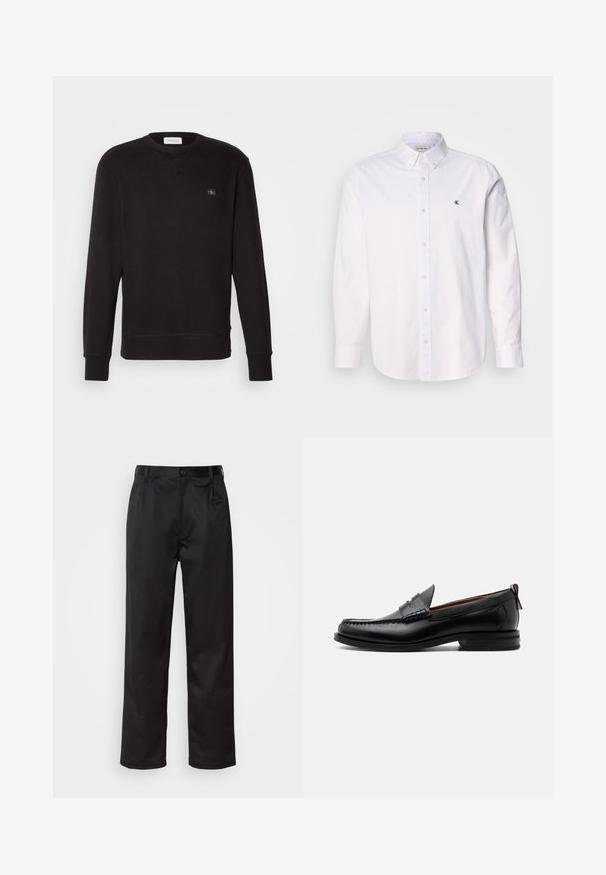 Sudadera negra hecha de un tejido suave, con cuello redondo, mangas largas, puños acanalados y un pequeño parche de la marca en el pecho.; Camisa blanca de algodón, con cuello clásico, mangas largas y un pequeño logo de CK en el lado izquierdo del pecho. Textura suave.; Pantalones negros de tela suave, con cierre delantero de botón, pliegues y patas rectas. Sin patrones ni acentos visibles.; Mocasín de hombre de piel negra con costura moc toe, tira penny, cuello texturizado y tacón bajo apilado sobre fondo blanco.