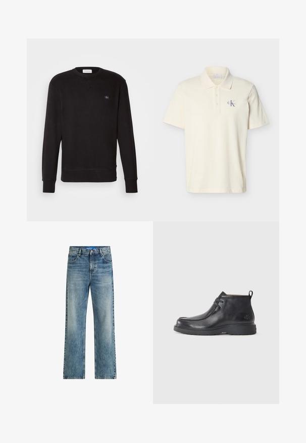 Sudadera negra hecha de un tejido suave, con cuello redondo, mangas largas, puños acanalados y un pequeño parche de la marca en el pecho.; Camisa tipo polo de manga corta color crema con cuello, tres botones y un pequeño logo púrpura de "Calvin Klein" en el lado izquierdo del pecho.; Los vaqueros de denim de estilo wide-leg en azul claro presentan una cintura alta, un diseño clásico de cinco bolsillos y un ligero desgaste para aportar textura.; Botas de cuero negras hasta el tobillo con punta redondeada, diseño con cordones y una lengüeta en la parte trasera. Parte superior texturizada y suela de goma.
