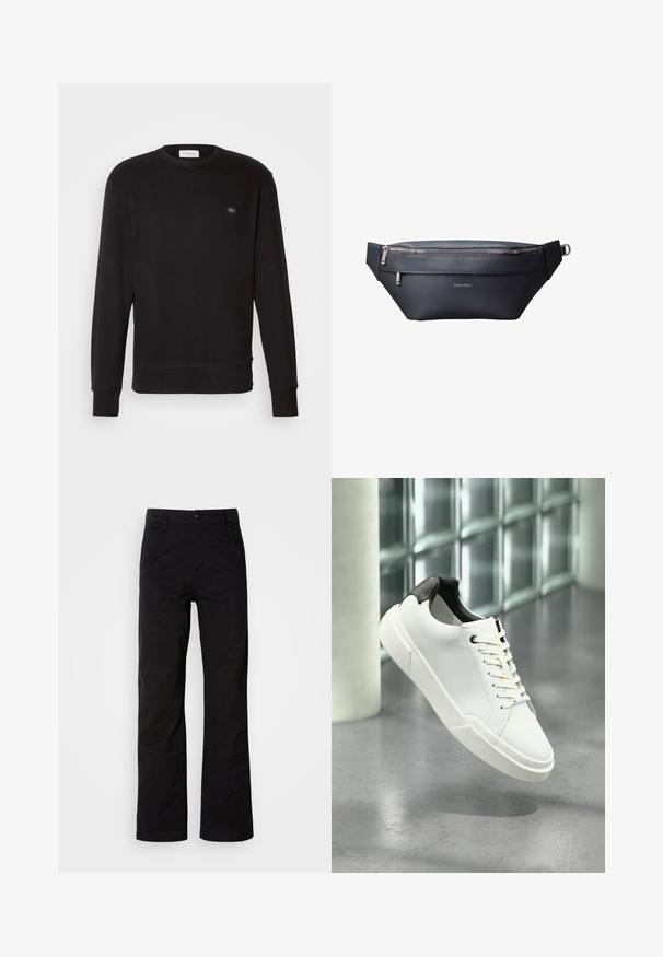 Sudadera negra hecha de un tejido suave, con cuello redondo, mangas largas, puños acanalados y un pequeño parche de la marca en el pecho.; Pantalones de algodón negros con un diseño de pierna recta, que cuentan con un cierre de botón y lazos para cinturón. Textura suave y estilo minimalista sin patrones visibles.; Zapatilla blanca de perfil bajo con lengüeta del talón texturizada en negro, cordones blancos y suela gruesa sobre un suelo de cemento pulido cerca de bloques de vidrio.; Riñonera negra de cuero Calvin Klein con dos compartimentos con cremallera y correa ajustable con hebilla metálica.