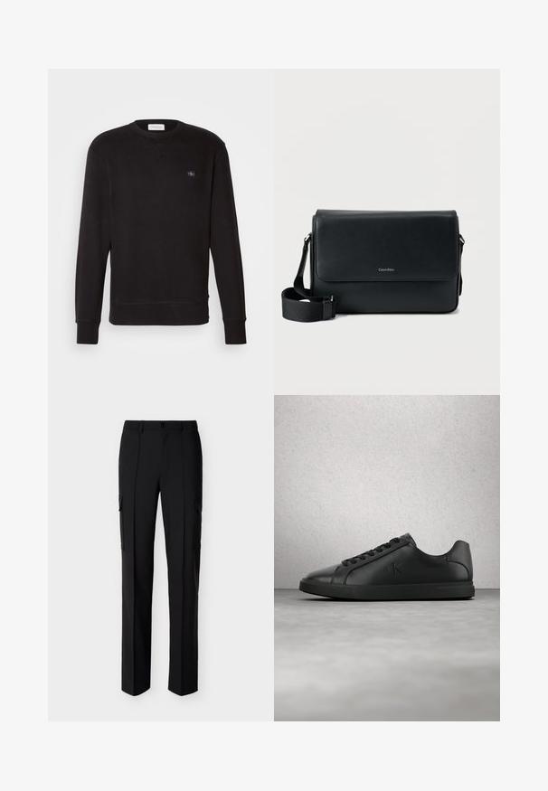 Sudadera negra hecha de un tejido suave, con cuello redondo, mangas largas, puños acanalados y un pequeño parche de la marca en el pecho.; Pantalones cargo negros de pierna recta con cierre frontal de botones y bolsillos laterales con solapa, mostrados sobre un fondo blanco.; Zapatilla deportiva de cuero negro con cordones y el logotipo "ck" en relieve, flotando sobre un suelo gris cerca de una pared de bloques de vidrio.; Bolso mensajero de cuero negro con acabado texturizado, correa ajustable y solapa frontal con un logo sutil. Forma compacta y rectangular.