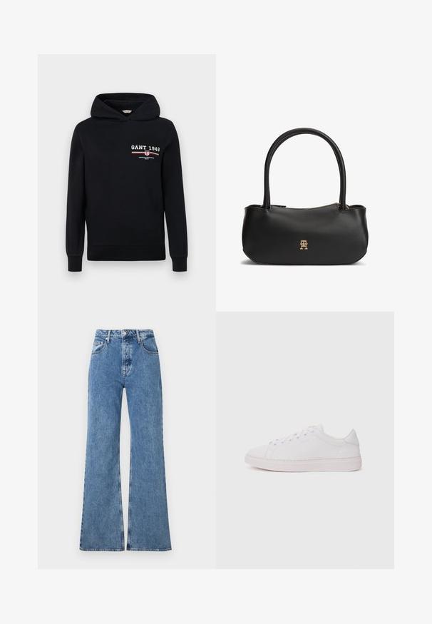 Schwarzer Hoodie aus Baumwolle mit einem Logo, das "GANT 1949" zeigt, und gestreiften Akzenten in Rot und Weiß auf der Vorderseite. Standard Passform mit Kapuze und Kordelzug.; Blaue Jeans mit weitem Bein und hoher Taille, ausgestattet mit vorderen Taschen und Stickdetails. Der Stoff hat eine leicht strukturierte Oberfläche.; Weißer Sneaker mit einem oberen Teil aus glattem Leder, runder Zehenpartie und flacher Gummisohle. Verfügt über eine Schnürung und ein dezentes Logo an der Seite.; Schwarze Ledertasche mit doppelten, runden Griffen, goldenem Reißverschluss und kleinem, goldfarbenem ineinandergreifendem Logo in der vorderen Mitte.