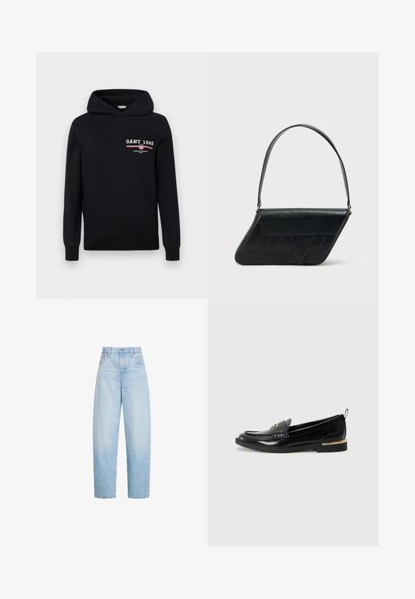 Schwarzer Hoodie aus Baumwolle mit einem Logo, das "GANT 1949" zeigt, und gestreiften Akzenten in Rot und Weiß auf der Vorderseite. Standard Passform mit Kapuze und Kordelzug.; Hellblaue Jeans mit hohem Bund und geradem Bein, mit vorderen Taschen, Gürtelschlaufen und einem Knopfverschluss.; Schwarze Lacklederloafers mit abgerundetem Zehenbereich, einem dekorativen Riemen und einem goldenen Akzent an der Ferse. Glatte Textur mit genähten Details.; Schwarze Leder-Umhängetasche mit dreieckiger Form, geprägt mit Logo und einem einzigen verstellbaren Riemen. Minimalistisches Design mit glatter Textur.