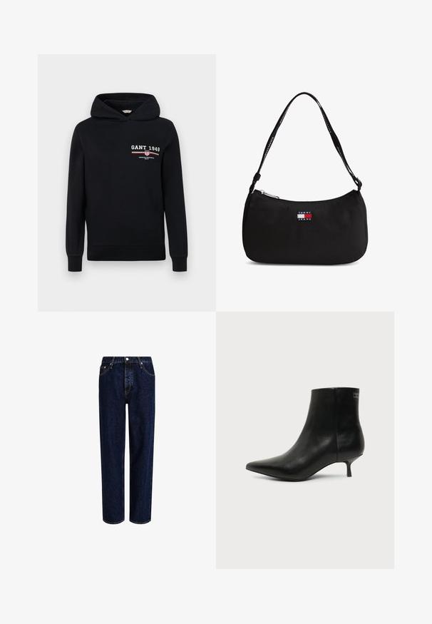 Schwarzer Hoodie aus Baumwolle mit einem Logo, das "GANT 1949" zeigt, und gestreiften Akzenten in Rot und Weiß auf der Vorderseite. Standard Passform mit Kapuze und Kordelzug.; Dunkelblaue Denim-Jeans mit geradem Bein, hoher Taille, fünf Taschen und kontrastierenden Nähten. Ohne Verzierungen.; Schwarzer Leder-Knöchel-Stiefel mit spitzer Spitze und niedrigem Kittenabsatz vor hellem Hintergrund, seitliche Ansicht.; Kleine schwarze Schultertasche mit geschwungenem oberen Reißverschluss und "Tommy Jeans" Logo-Patch auf der Vorderseite, mit einem schwarzen Riemen mit weißem Text.