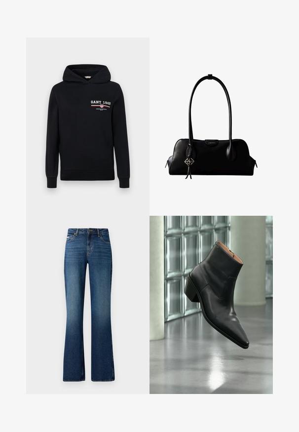 Zwarte hoodie van katoen met een logo waarop "GANT 1949" staat en gestreepte accenten in rood en wit aan de voorkant. Standaard fit met een capuchon met trekkoorden.; Uitlopende jeans in een medium blauwe wassing, met een klassiek vijf-pocket ontwerp, knoopsluiting en een licht vervaagde textuur.; Zwarte leren enkellaars met een spitse neus en blokhak die zweeft boven een reflecterende grijze vloer nabij een glazen blokmuur.; Zwarte leren Calvin Klein handtas met lange hengsels, een logo-label aan de voorkant en een zilverkleurige geometrische hanger die aan één hengsel hangt.