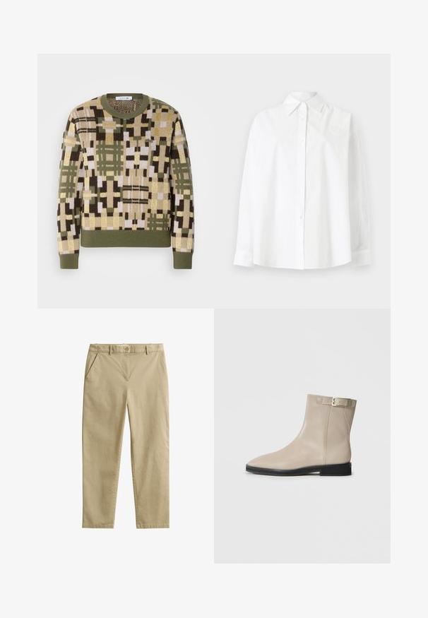 Pull en maille avec un motif géométrique dans des tons terreux de vert, marron et beige. Col rond côtelé et poignets des manches côtelés.; Chemise blanche à boutons en coton, avec un col classique, des manches longues et une broderie en forme de cœur subtile sur le côté supérieur gauche.; Pantalon beige à coupe droite avec poches avant, passants de ceinture et fermeture à bouton, fabriqué dans un tissu lisse.; Bottes en cuir beige à la cheville avec un bout pointu, semelle noire, talon bas et une sangle à boucle dorée sur le côté externe, présentées sur un fond blanc.