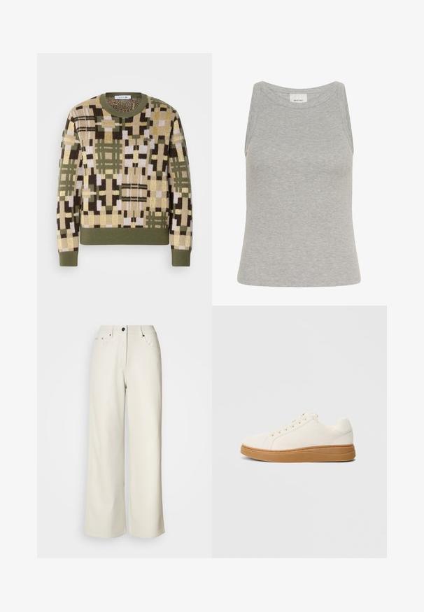 Striktrøje med et geometrisk mønster i jordfarver som grøn, brun og beige. Ribbede rundhals og ærmeafslutninger.; Grå ribbet tanktop med rund halsudskæring og ærmeløs design. Fremstillet af blødt stof, har en tætsiddende silhuet og minimale syninger.; Cremefarvede bukser med brede ben lavet af glat stof. Har en mellemhøj talje, lynlås i gulvet og to frontlommer med sorte hardware accenter.; Hvide lærreds sneakers med en gummisål i karamel. Rund tå, snørebåndslukning og syninger langs sålen for ekstra detalje.