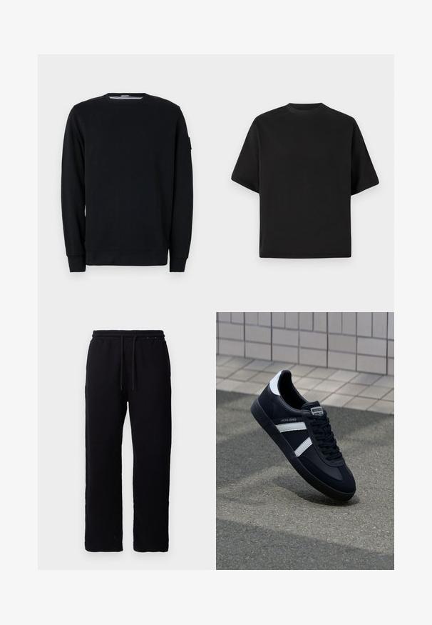 Sort sweatshirt med rund halsudskæring og lange ærmer. Fremstillet af blødt stof med ribbede manchetter og kant, med minimalistiske designdetaljer.; Sort T-shirt med kortærmer i løs pasform, lavet af glat bomuld, med rund halsudskæring og minimalistisk design.; Sorte sweatpants lavet af bomuld, med elastisk talje og snore, lige ben design, og uden synlige mønstre eller detaljer.; Sort lædersneaker med hvide striber, tekstureret gummisål og snørrebånd foran. Har et brandet mærke på tungen.