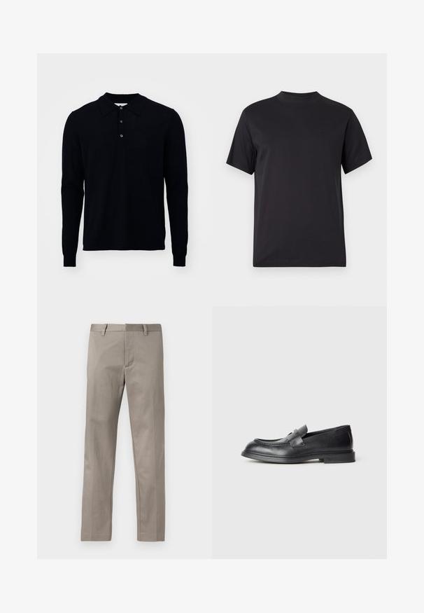 Langærmet polo shirt i mørk navy, lavet af fint strikket stof. Har en krave, tre-knap lukning og ribbede manchetter.; Sort t-shirt med korte ærmer, høj rund hals og almindelig pasform, vist på en ensfarvet lys grå baggrund.; Lysegrå bukser med lige ben, lavet af glat stof, med flad front og almindelig talje med bæltestropper.; Sorte læder loafers med en struktureret finish, der har en dekorativ frontrem og en rundet tå. Gummisål for holdbarhed.