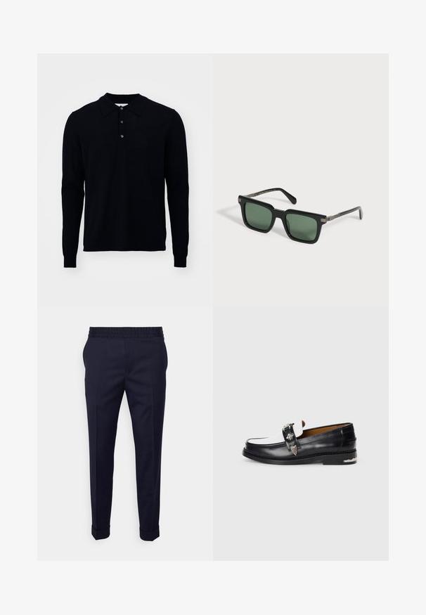 Langærmet polo shirt i mørk navy, lavet af fint strikket stof. Har en krave, tre-knap lukning og ribbede manchetter.; Marineblå bukser med en glat tekstur, featuring en elastisk talje og opfoldede manchetter, designet i en tapered fit med sidelommer.; Sorte og hvide læder loafers med en skinnende sølvornamental spænde, tekstureret syning og en tyk sål med et mønstret accent.; Sorte solbriller med rektangulært stel, grøntonede linser og sølvfarvede hængselsdetaljer på hvid baggrund.