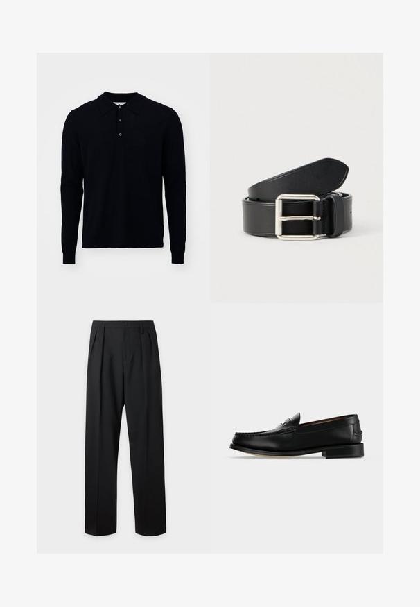 Langærmet polo shirt i mørk navy, lavet af fint strikket stof. Har en krave, tre-knap lukning og ribbede manchetter.; Sorte formelle bukser med plisseringer, bæltestropper og knaplukning ved taljen, vist mod en ensfarvet lys baggrund.; Sort læder herre loafer med lav hæl og mokkasinsyning på tåen, vist fra siden på en ensfarvet baggrund.; Sort læderbælte med glat tekstur, spænde i sølvmetal og et rent, enkelt design. Har huller til justerbar pasform.