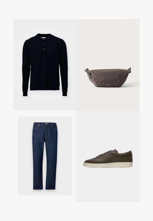 Langærmet polo shirt i mørk navy, lavet af fint strikket stof. Har en krave, tre-knap lukning og ribbede manchetter.; Mørkeblå straight-leg denimjeans med for- og baglommer, bæltestropper og knaplukning i taljen.; Low-top mørkebrun lædersneaker med snørelukning foran og cremefarvet gummisål, vist fra ydersiden mod hvid baggrund.; Mørkebrun stof talje taske med diagonalt lynlåslomme og lille hvidt logo på fronten, sat mod en ensfarvet lys baggrund.