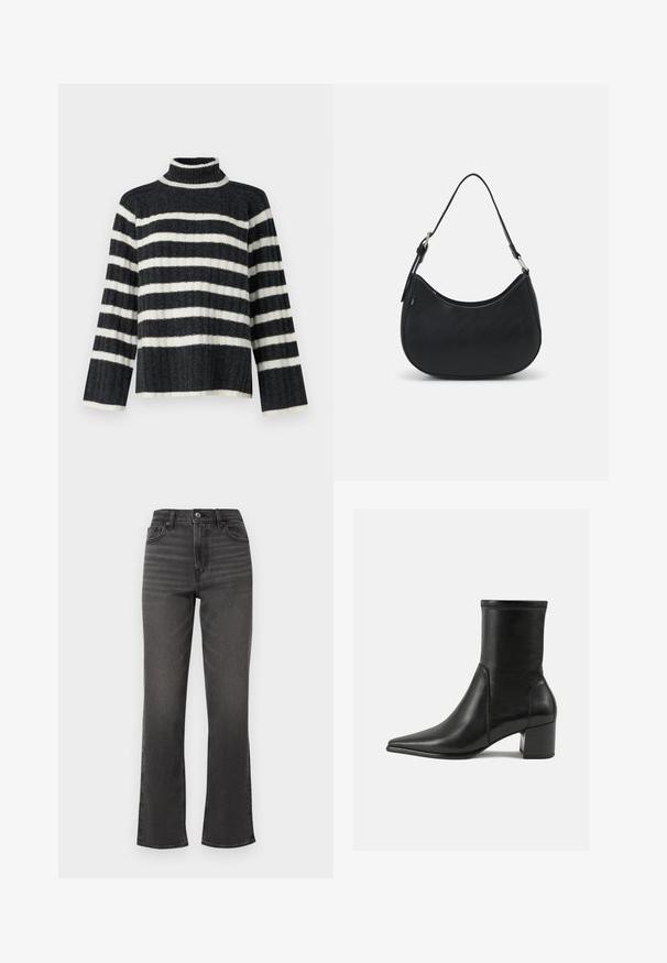 Pull en col roulé à rayures noires et blanches, à la coupe ample, avec une texture côtelée et des manches longues. Il présente un col haut et des rayures horizontales.; Jean taille haute, jambe droite en denim gris foncé avec un léger effet délavé, poches avant et fermeture à un bouton. Design épuré et minimaliste.; Bottine noire en cuir lisse, avec un bout pointu, un talon carré et des coutures surélevées distinctes au bord supérieur.; Sac hobo noir en cuir lisse avec une silhouette arrondie, doté d'une seule sangle ajustable et de détails de design minimalistes.