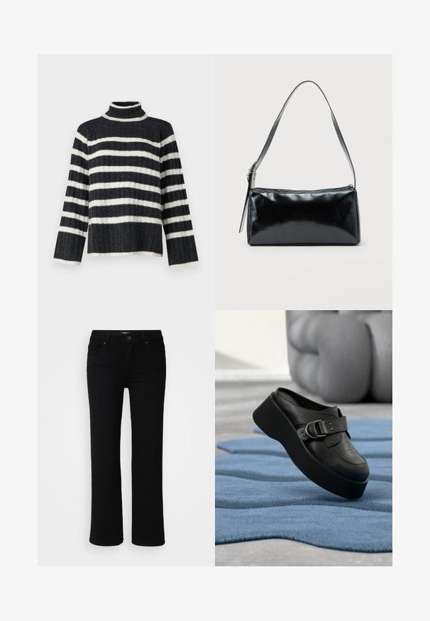 Pull en col roulé à rayures noires et blanches, à la coupe ample, avec une texture côtelée et des manches longues. Il présente un col haut et des rayures horizontales.; Pantalons en denim noir avec une coupe droite, présentant une fermeture éclair et un bouton, poches avant et arrière, texture lisse.; Mule plateforme en cuir noir avec un grand détail de boucle reposant sur un tapis bleu texturé et ondulé, avec un arrière-plan gris flou.; Sac d'épaule rectangulaire noir avec une sangle réglable unique et une fermeture éclair supérieure sur un fond uni.