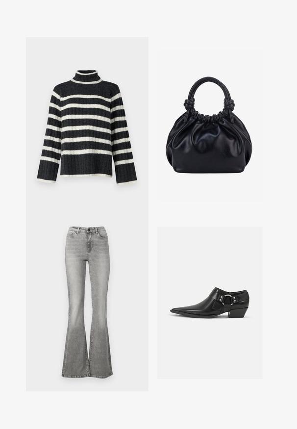 Zwart-wit gestreepte coltrui met een losse pasvorm, geribbelde structuur en lange mouwen. Heeft een hoge kraag en horizontale strepen.; Grijze flared jeans van denim, met een hoge taille, voorkezen en een vervagingseffect. De zoom is iets breder, waardoor een flared vorm ontstaat.; Zwarte leren enkellaarzen met een spitse neus, voorzien van een leren band aan de voorkant en een zilveren gesp detail, en een lage, blokhak.; Zwarte zachte leren handtas met geplooide bovenkant en twee dikke handvatten die in knopen zijn gestrikt tegen een effen lichte achtergrond.