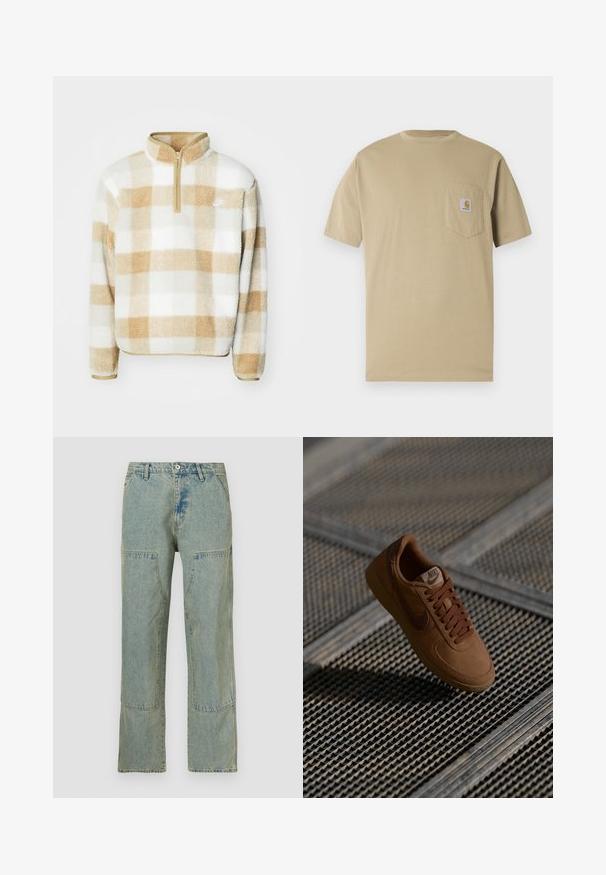 Fleece-Pullover mit einem Halb-Reißverschluss, der ein beige-weißes karriertes Muster und ein kleines Logo auf der Brust hat. Weicher Stoff und lockere Passform.; Beige T-Shirt mit kurzen Ärmeln aus Baumwolle, mit einer Brusttasche links und einem Logo-Patch. Klassischer Rundhalsausschnitt mit regulärer Passform.; Hellblaue Jeans aus Denim mit lockerem Schnitt, versehen mit Patchwork-Details an den Vordertaschen und einer leicht verwaschenen Oberfläche.; Braune Wildleder-Sneaker mit Mesh-Details, runder Zehenpartie und flachen Schnürsenkeln. Mit einer sandfarbenen Gummisohle und einem dezenten Nike-Logo an der Seite.