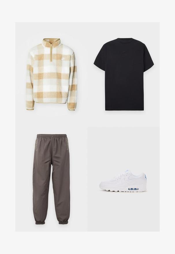 Fleece-Pullover mit einem Halb-Reißverschluss, der ein beige-weißes karriertes Muster und ein kleines Logo auf der Brust hat. Weicher Stoff und lockere Passform.; Schwarzes Nike T-Shirt mit kurzen Ärmeln, Rundhalsausschnitt und kleinem schwarzem Nike-Logo mittig auf der Brust.; Dunkelgraue, elastische Hosen mit lockerer Passform. Mit gerafften Bündchen und dezentem Stickerei an den Seiten. Leichter Stoff.; Weißer Sneaker mit niedrigem Schaft, sichtbarer Luftdämpfung, Schnürverschlüssen und blauen Logodetails an Ferse und Zunge, seitlich dargestellt.