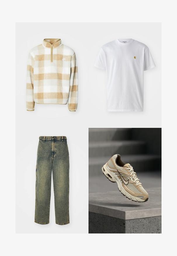 Fleece-Pullover mit einem Halb-Reißverschluss, der ein beige-weißes karriertes Muster und ein kleines Logo auf der Brust hat. Weicher Stoff und lockere Passform.; Weißes Baumwoll-T-Shirt mit kurzen Ärmeln, Rundhalsausschnitt, mit einem kleinen goldenen Logo im linken Brustbereich. Weicher Stoff und normale Passform.; Baggy-Jeans aus Denim in einer verblassten Blauen und Grünen Waschung. Mit Knopfverschluss, Gürtelschlaufen und Seitentaschen. Flaches Vorderteil und gerades Bein-Design.; Beiger und weißer Nike Laufschuh mit Mesh-Paneelen und schwarzem Swoosh, schwebt über einem Betonsims mit unscharfen Treppen im Hintergrund.