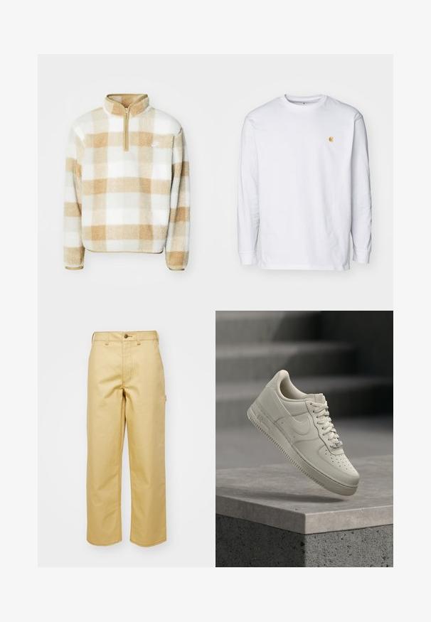 Sudadera de forro polar con media cremallera, que presenta un patrón a cuadros en beige y blanco y un pequeño logo en el pecho. Textura suave y corte relajado.; Camiseta de manga larga blanca de algodón. Cuenta con un pequeño logo dorado en el pecho y un cuello redondo. Diseño simple y corte estándar.; Pantalones de algodón beige de pierna ancha con un cierre frontal de botón, lazos para cinturón y bolsillos laterales. Textura suave con detalles de costura visibles.; Una zapatilla beige con cordones flota sobre una superficie de hormigón gris, el logo de Nike es visible y el fondo de la escalera está desenfocado.