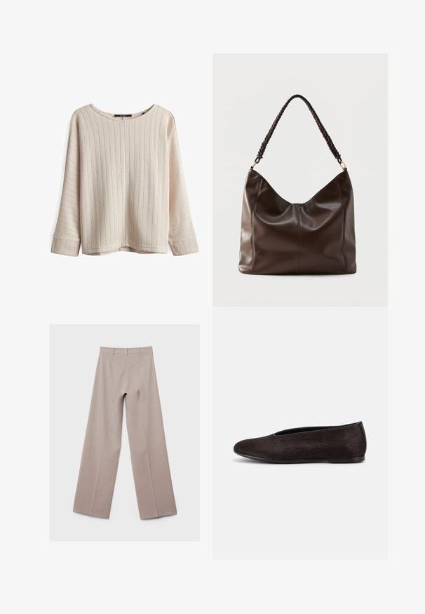 Helle beige Pullover mit vertikaler Rippung, weitem Boot-Ausschnitt und lockerer Passform. Strukturierter Stoff, lange Ärmel mit verlängerten Bündchen.; Beige Weite-Hosen mit hoher Taille, Gürtelschlaufen und vorderen Falten, flach auf hellem Hintergrund liegend.; Schwarzer flacher Schuh mit rundem Zeh und niedrigem Absatz, mit glatter, leicht strukturierter Oberfläche und einfachem Schlupfdesign.; Dunkelbraune Leder-Schultertasche mit geflochtenem Griff und sichtbaren Nahtdetails auf der Vorderseite.
