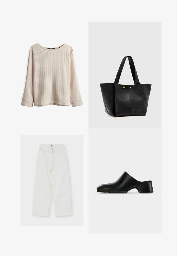 Helle beige Pullover mit vertikaler Rippung, weitem Boot-Ausschnitt und lockerer Passform. Strukturierter Stoff, lange Ärmel mit verlängerten Bündchen.; Weiße High-Waist-Jeans mit weitem Bein, vorne mit Knopf- und Reißverschluss, Gürtelschlaufen und zwei Vordertaschen, flach auf weißem Hintergrund liegend.; Schwarzer Ledermule mit niedrigem Absatz, rundem Zehenbereich und Schlupf-Design, seitlich auf hellem Hintergrund dargestellt.; Schwarze Ledertasche mit breiten Griffen und zwei kleinen goldenen Knopfdetails vorne vor einem schlichten hellen Hintergrund.