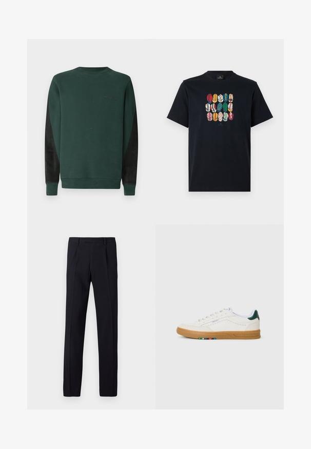 Grøn sweatshirt med rund hals, sorte sidelapper og subtil logo-detaljering i sort på brystet. Blødt, tekstureret stof.; Sort bomulds T-shirt med et farverigt grafisk motiv af forskellige læber i forskellige mønstre og farver på foran. Rund halsudskæring, korte ærmer.; Sorte bukser med en tekstureret overflade, der har et lige snit, bæltestropper og pressede folder foran. Ingen synlige lommer.; Hvide lædersneakers med perfereret design, gummisul, grøn hælaccent og farverig stribe detalje på siden.