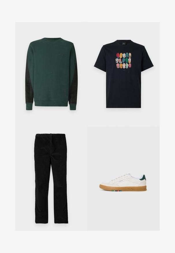 Sweat-shirt vert avec col rond, panneaux latéraux noirs et logo subtil en noir sur la poitrine. Tissu doux et texturé.; T-shirt en coton noir avec un graphique coloré représentant différentes lèvres dans divers motifs et couleurs sur le devant. Encolure ronde, manches courtes.; Pantalons en velours noirs à jambes droites avec une taille élastique et un cordon de serrage à l'avant, présentés sur un fond blanc uni.; Baskets en cuir blanc avec design perforé, semelle en caoutchouc translucide, accent de talon vert et détail à rayures colorées sur le côté.