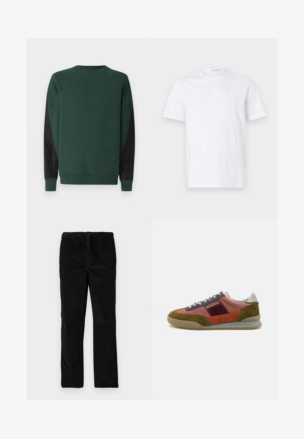 Grøn sweatshirt med rund hals, sorte sidelapper og subtil logo-detaljering i sort på brystet. Blødt, tekstureret stof.; Hvid bomulds t-shirt med rund halsudskæring og korte ærmer. Glat tekstur, lige snit og minimalistisk design uden mønstre eller accenter.; Sorte lige ben i velour med elastisk talje og forreste snor, præsenteret mod en simpel hvid baggrund.; PS Paul Smith DOVER - Sneakers - pink