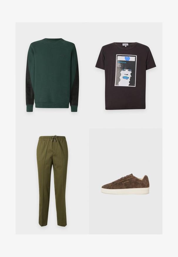 Grøn sweatshirt med rund hals, sorte sidelapper og subtil logo-detaljering i sort på brystet. Blødt, tekstureret stof.; Sort bomulds t-shirt med et grafisk design af en kvindes ansigt med blå læber, store blå øjne og et hjerte, indrammet i et hvidt rektangel.; Olivenfarvede, letvægtsbukser med elastisk talje, snøre lukning og skræddersyet design med frontfolder.; Brune ruskinds sneakers med lav profil, rund tå og hvid gummisål. Har mørke snørebånd og diskret branding på siden.