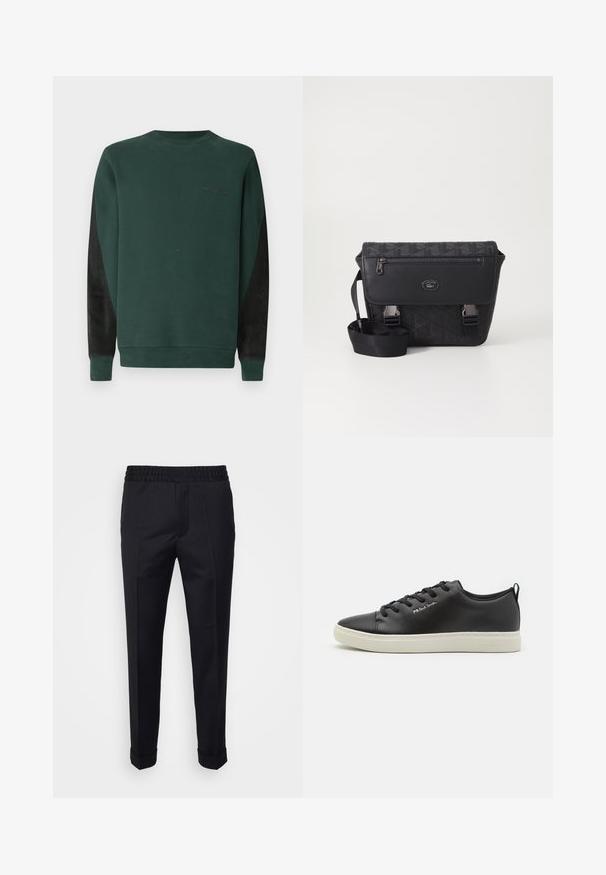 Groene sweatshirt met ronde hals, zwarte zijpanelen en subtiele logo-afwerking in het zwart op de borst. Zacht, gestructureerd materiaal.; Zwarte broek van lichtgewicht stof, met een elastische tailleband, zijzakken en opgerolde mouwen. Soepele textuur met voorplooien.; Zwarte leren sneaker met ronde neus, contrasterende witte rubberen zool, zes gaatjes voor de vetersluiting en subtiele merkvermelding aan de zijkant.; Zwarte schoudertas met reliëf geometrisch patroon, zilverkleurige hardware, ritssluiting en verstelbare schouderband. Gemaakt van gestructureerd synthetisch materiaal.