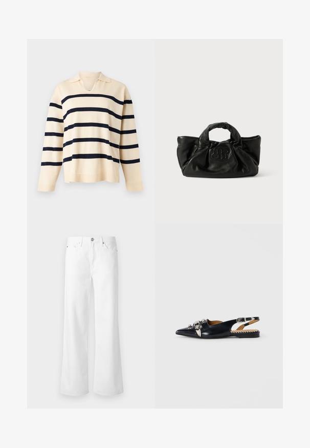 Pull en maille beige à manches longues avec des rayures noires horizontales et un petit col avec un décolleté en V.; Jean blanc taille haute à jambes larges avec bouton à l'avant, fermeture éclair et style à cinq poches sur un fond clair uni.; Chaussure slingback en cuir noir avec un bout pointu, ornée de garnitures en argent et de détails en forme de feuille. Semelle plate avec des accents intérieurs rayés.; Sac à main en cuir noir avec un design doux et plissé. Présente un logo texturé à l'avant et deux poignées robustes pour le transport.
