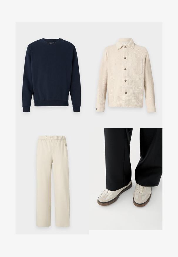 Marineblauwe katoenen sweatshirt met ronde hals, lange mouwen en geribbelde manchetten en zoom. Gladde textuur, minimalistisch design, geen zichtbare logo's.; Beige textuur button-up jas met lange mouwen, kraag, borstzak aan de rechterkant en donkere knopen langs de voorkant en aan de manchetten.; Beige wijde broek met een elastische tailleband, gemaakt van zachte stof. Kenmerkt zich door een gladde textuur en geen zichtbare patronen of hardware.; Voeten met beige sneakers met bruine zolen en zwarte wijde broekspijpen op een witte achtergrond.