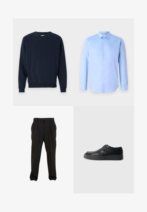 Marineblå bomulds sweatshirt med rund hals, lange ærmer og ribbede manchetter og kant. Glat tekstur, minimalistisk design, ingen synlige logoer.; Lyseblå langærmet skjorte med knaplukning lavet af vævet stof. Har en klassisk krave og seks knapper foran. Glat tekstur og tætsiddende design.; Sorte højtaljede plisserede bukser med bæltestropper, knaplukning og tilspidsede ben vist på en hvid baggrund.; Calvin Klein HYBRID CUP WALLABEE - Business sko - triple black
