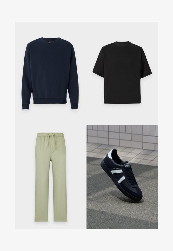 Marineblå bomulds sweatshirt med rund hals, lange ærmer og ribbede manchetter og kant. Glat tekstur, minimalistisk design, ingen synlige logoer.; Sort T-shirt med kortærmer i løs pasform, lavet af glat bomuld, med rund halsudskæring og minimalistisk design.; Bukser i lys olivengrøn, lavet af blødt stof. Har en elastisk talje med snor og lige, løstsiddende ben.; Sort lædersneaker med hvide striber, tekstureret gummisål og snørrebånd foran. Har et brandet mærke på tungen.