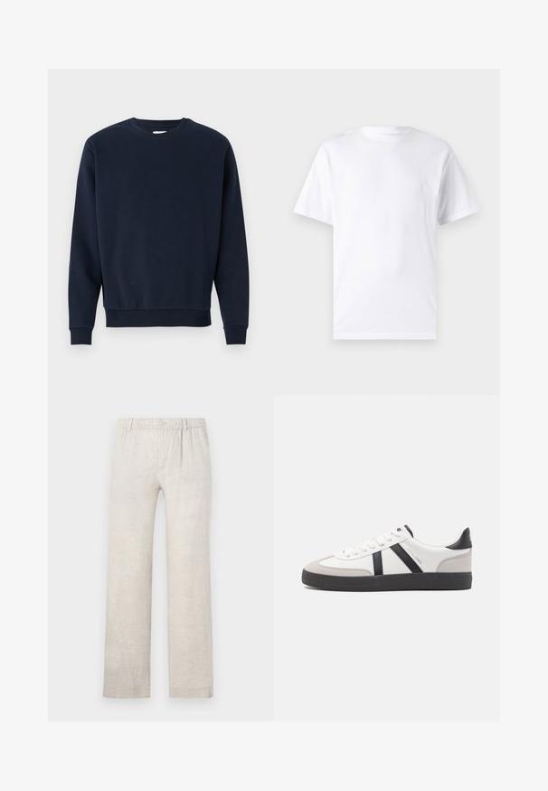 Marineblauwe katoenen sweatshirt met ronde hals, lange mouwen en geribbelde manchetten en zoom. Gladde textuur, minimalistisch design, geen zichtbare logo's.; Witte T-shirt met korte mouwen, gemaakt van katoen, met een ronde hals. Het heeft een gladde textuur en een eenvoudig ontwerp zonder patronen of accenten.; Lichtbeige linnen broek met een recht model, elastische tailleband en een knoopsluiting. Minimale textuur met subtiele stikdetails.; Witte sneaker met zwarte en grijze accenten, voorzien van een grijze neus met textuur, zwarte rubberen zool en platte witte veters. Schoon ontwerp, minimalistische stijl.