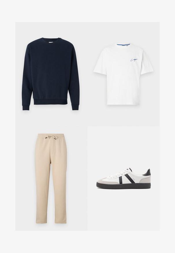 Marineblauwe katoenen sweatshirt met ronde hals, lange mouwen en geribbelde manchetten en zoom. Gladde textuur, minimalistisch design, geen zichtbare logo's.; Witte katoenen T-shirt met een ronde hals en korte mouwen. Voorzien van blauwe cursieve tekst op de linkerkant van de borst. Zachte textuur, casual ontwerp.; Beige joggingbroek met elastische tailleband, verstelbare trekkoord, twee zijzakken en taps toelopend ontwerp van de pijpen. Zachte textuur, casual stijl.; Witte sneaker met zwarte en grijze accenten, voorzien van een grijze neus met textuur, zwarte rubberen zool en platte witte veters. Schoon ontwerp, minimalistische stijl.