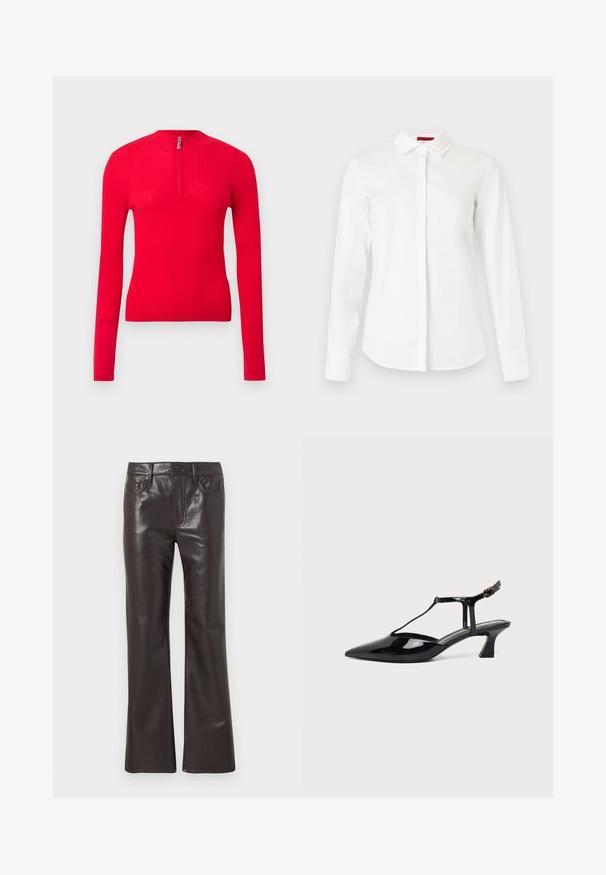Haut rouge côtelé à manches longues, cintré, avec un col montant et une courte fermeture éclair à l'avant. Texture douce et design épuré.; Chemise blanche à manches longues en coton lisse. Présente un col pointu et une patte de boutonnage avant avec une texture subtile et une coupe cintrée.; Pantalon droit en similicuir marron foncé avec fermeture à bouton et fermeture éclair, poches avant et arrière, et passants pour ceinture.; Chaussure slingback en cuir verni noir à bout pointu avec bride en T et petit talon bloc incliné sur fond blanc.