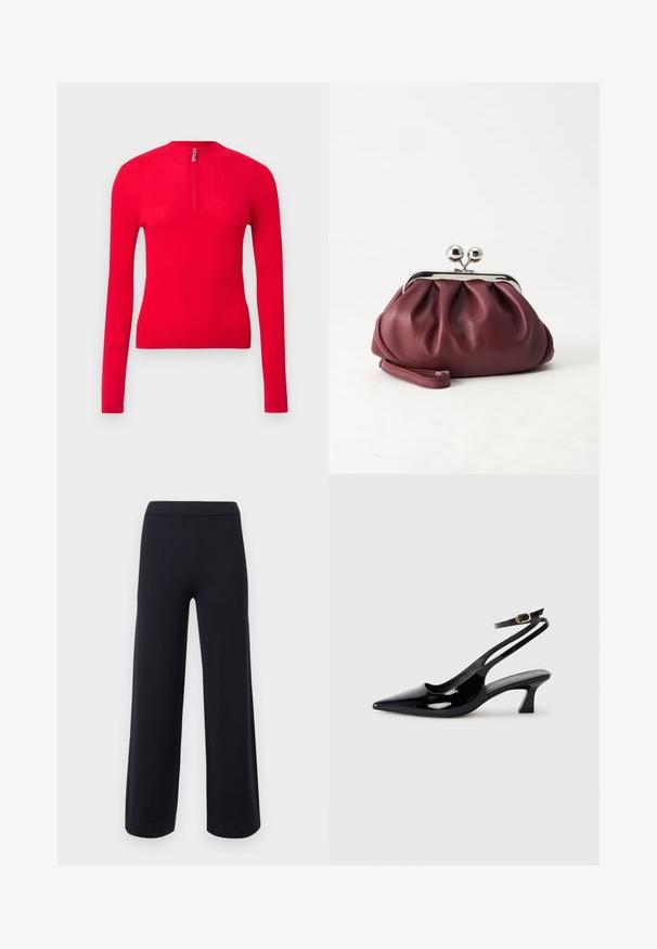 Haut rouge côtelé à manches longues, cintré, avec un col montant et une courte fermeture éclair à l'avant. Texture douce et design épuré.; Pantalon noir à jambes larges avec une taille haute et des ourlets retroussés, présenté sur un fond clair uni.; Escarpins à brides arrière en cuir verni noir, à bout pointu, avec un petit talon carré et une sangle de cheville ajustable dotée d'une boucle dorée.; Petit sac pochette en cuir bordeaux avec fermoir métallique argenté et bracelet sur fond blanc.