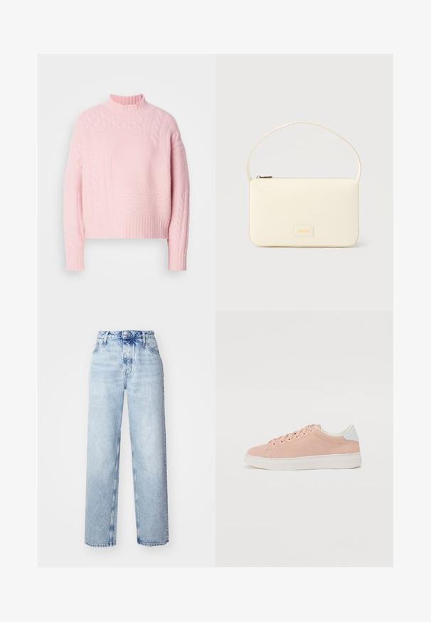 Lacoste ADY - Jersey de punto - nidus; Jeans de tiro alto color azul claro con un corte holgado, que cuentan con piernas rectas, cinco bolsillos y un cierre clásico de botones y cremallera.; Zapatillas de ante rosa claro con suela de goma blanca, punta redonda y acento blanco en el talón. Presenta cordones planos y un branding minimalista en el lateral.; Bolso rectangular color crema con una sola correa y cremallera superior, con una pequeña placa de logotipo en relieve en el frente.