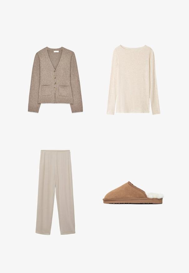 Cardigan en tricot brun avec un col en V, cinq boutons dorés et deux poches avant. Poignets et ourlet côtelés ; texture douce.; Top en maille beige clair à manches longues avec encolure bateau et texture chinée subtile.; Pantalons en coton beige légers, avec une coupe droite, une taille élastique et une texture douce. Pas de motifs ni de matériel visible.; Pantoufle en daim brun avec une douce doublure en fourrure blanche, bout arrondi, tige texturée et semelle en caoutchouc plat présentant un motif en zigzag.