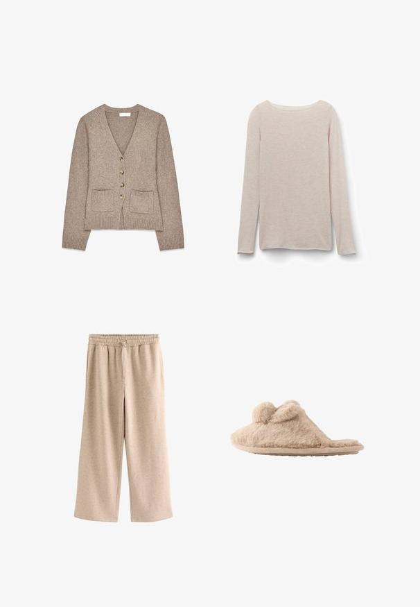 Cardigan en tricot brun avec un col en V, cinq boutons dorés et deux poches avant. Poignets et ourlet côtelés ; texture douce.; T-shirt à manches longues rose clair avec un col rond décontracté, fabriqué en tissu doux avec une texture marbrée subtile.; Pantalon beige à jambes larges avec taille élastique et cordon, en tissu doux et moucheté.; Chausson beige duveteux à enfiler avec deux pompons sur le dessus et une semelle plate, conçu pour une utilisation intérieure.