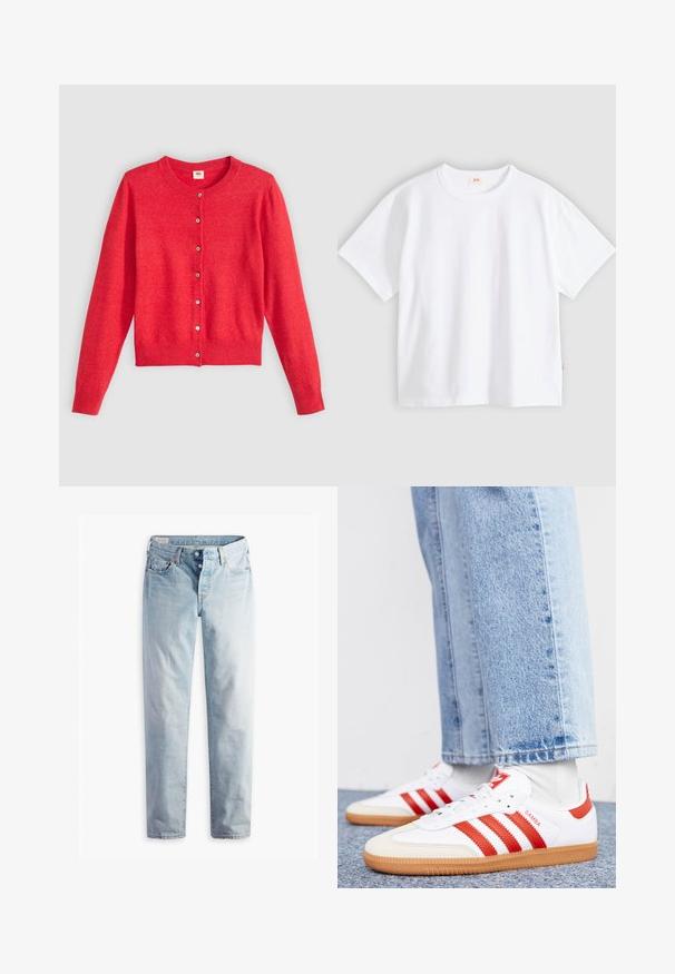 Rød cardigan lavet af blødt stof med rund halsudskæring, lange ærmer og knaplukning foran. Har matchende knapper.; Hvid bomuld t-shirt med korte ærmer, rund hals, afslappet pasform, glat tekstur og en lille logolabel på venstre sidesøm.; Lyseblå denimjeans med lige ben, fem lommer og metal-knapper i en standard livvidde.; Hvide lædersneakers med røde striber og accenter. Har en tekstureret gummisål og polstret krave. Bæres med lyseblå denim.