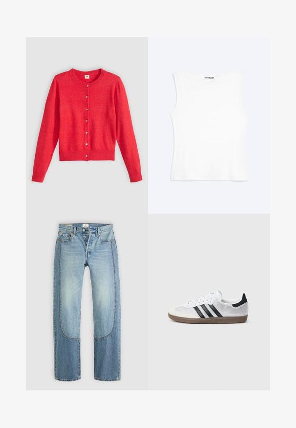 Rød cardigan lavet af blødt stof med rund halsudskæring, lange ærmer og knaplukning foran. Har matchende knapper.; Hvid tætsiddende ærmeløs tanktop med rund halsudskæring og minimalistisk design, mærket "WEEKDAY" indeni kraven.; Lyseblå denimjeans med en lige, løs pasform, der har kontrasterende paneldetaljer og en fem-lommer design. Knap-lukning.; Hvid mesh-sneaker med sorte striber, beige ruskind på tåhætte og hæl, tekstureret gummisål og hvide snørebånd. Klassisk lavtopsdesign.